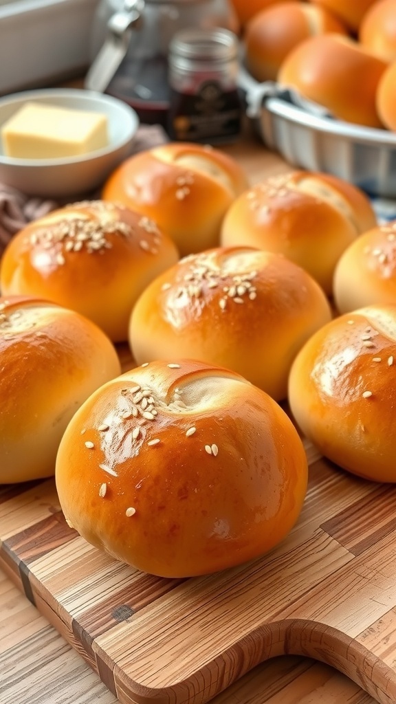 Traditional Dutch Bread Bun Recipe Golden Dutch bread buns on a cutting board with sesame seeds, butter, and jam in the background.